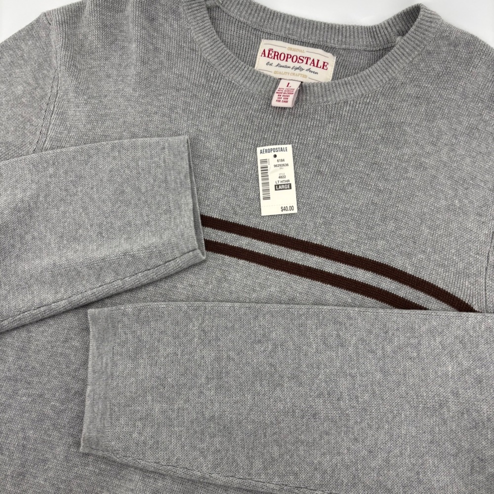 Aeropostale Sweater Men Large Gray New Striped Crewneck Cotton Blend Long Sleeve